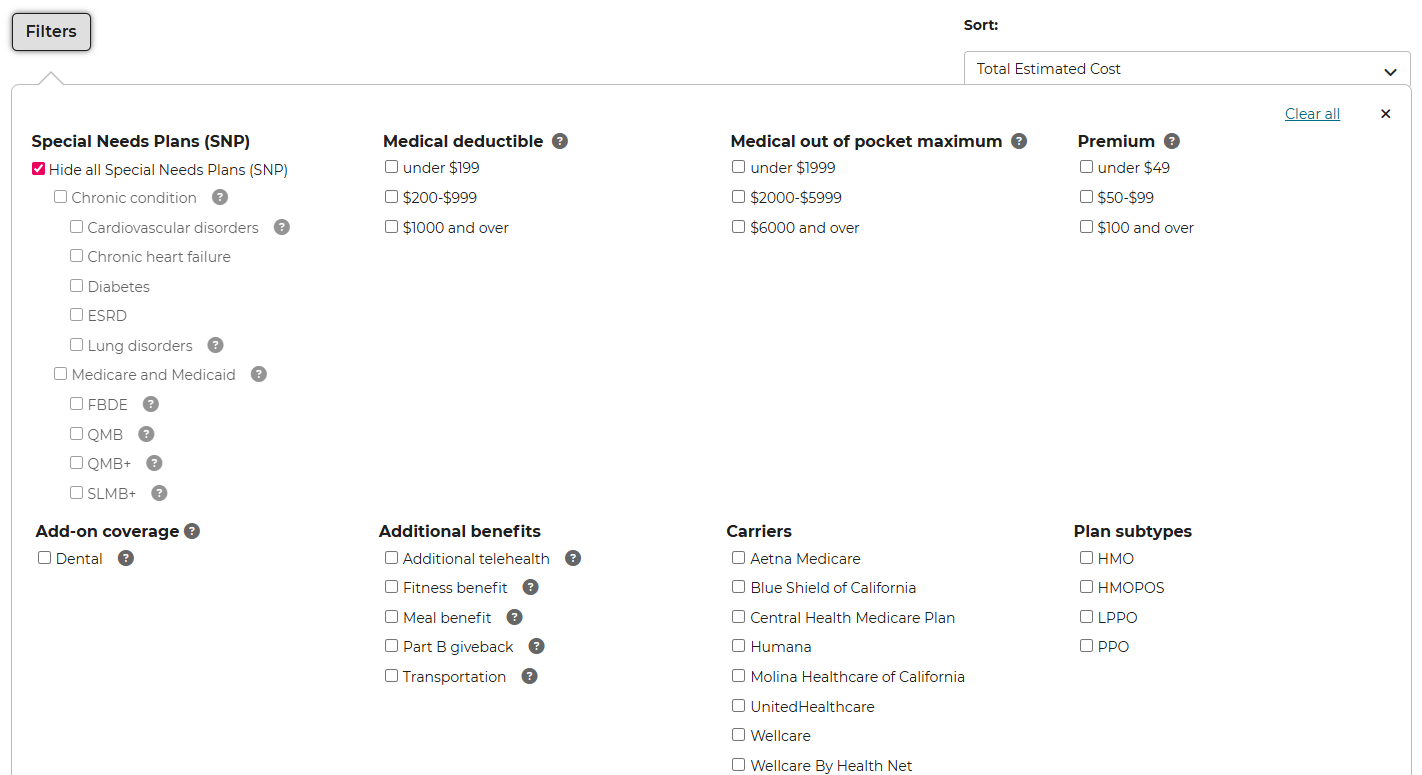 Plan List Filters Screenshot